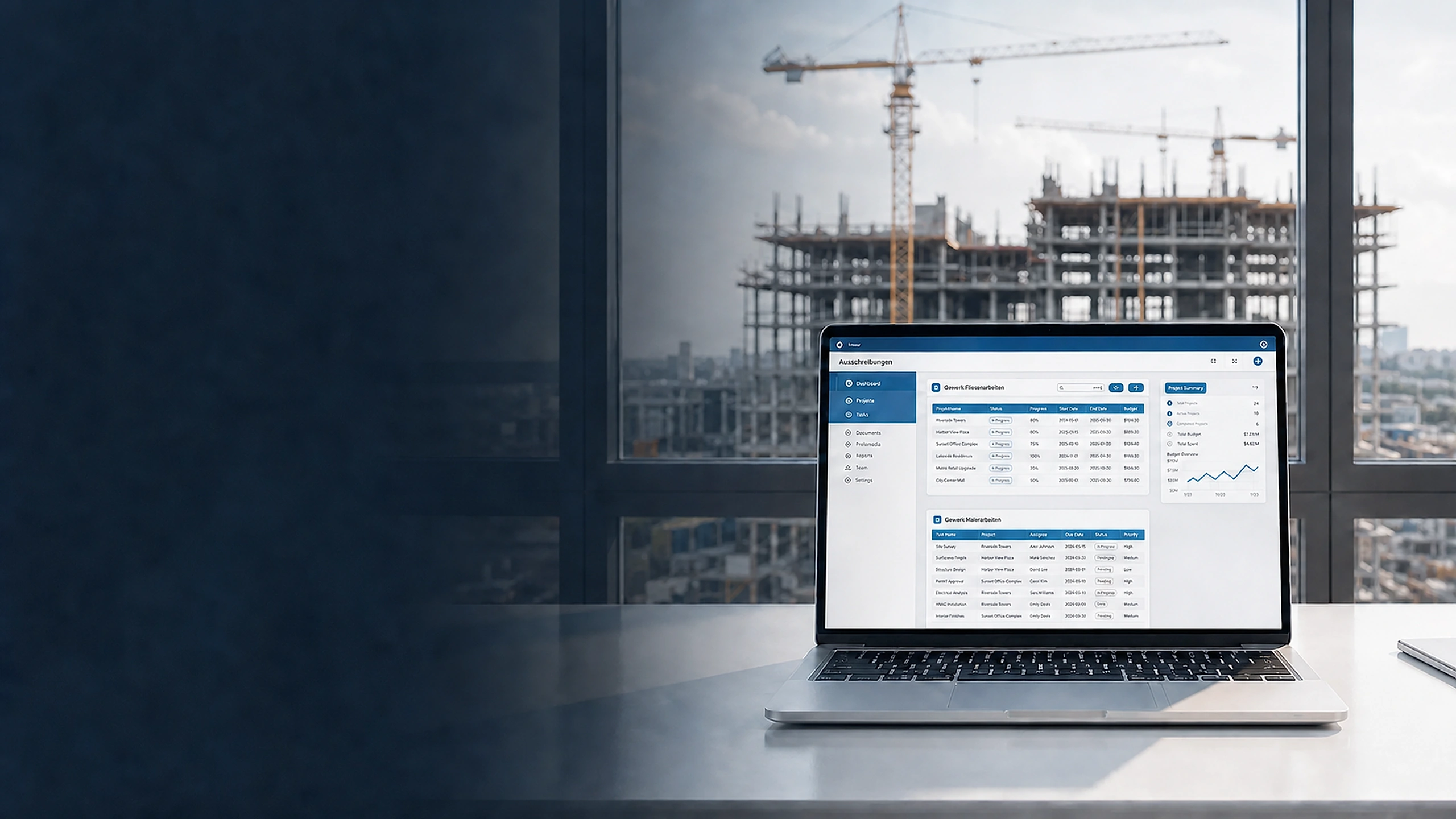 Modern construction management workspace with laptop